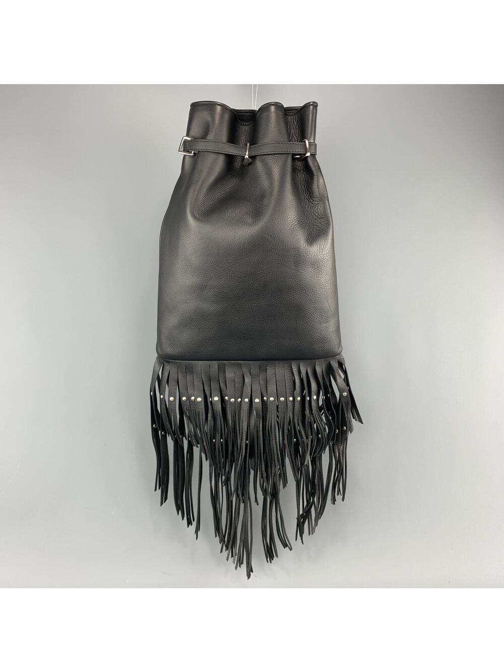 ROBERTO CAVALLI Black Leather Studded Fring Bucket Backpack